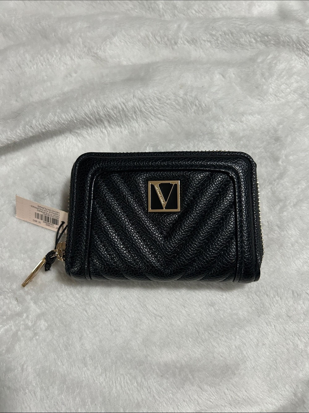 Small black Quilted Women's Wallet with Gold V Logo